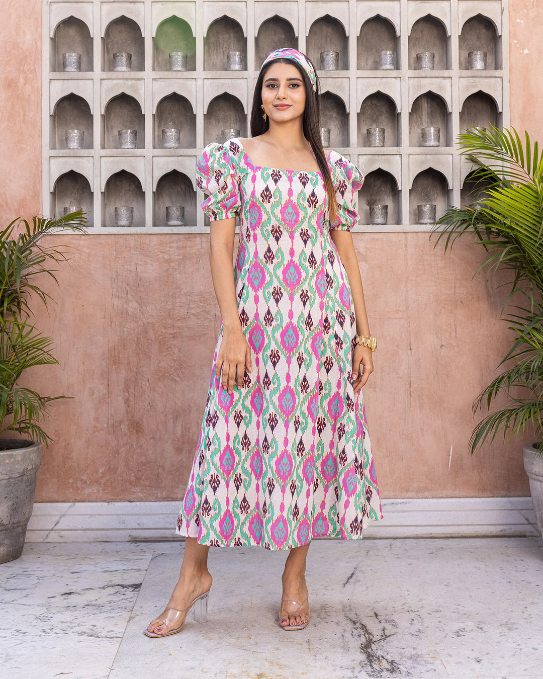 White-Cotton-Ikat-Midi-Dress