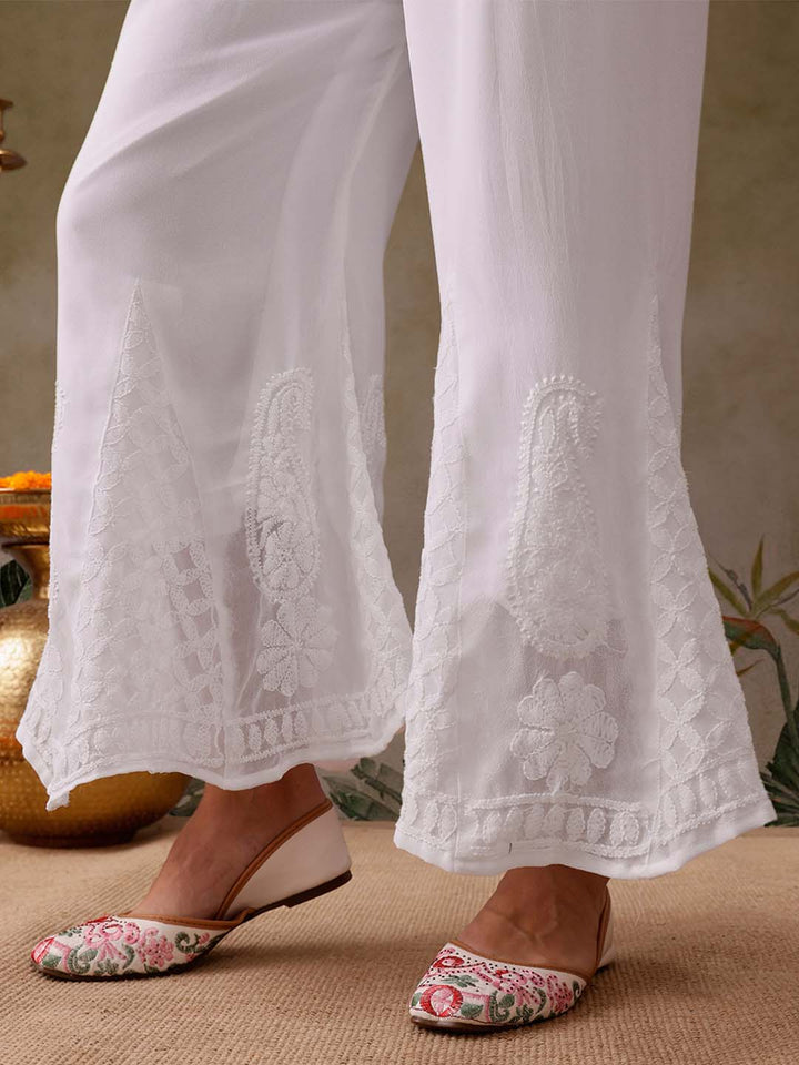 White Georgette Flared Chikankari Embroidered Palazzo