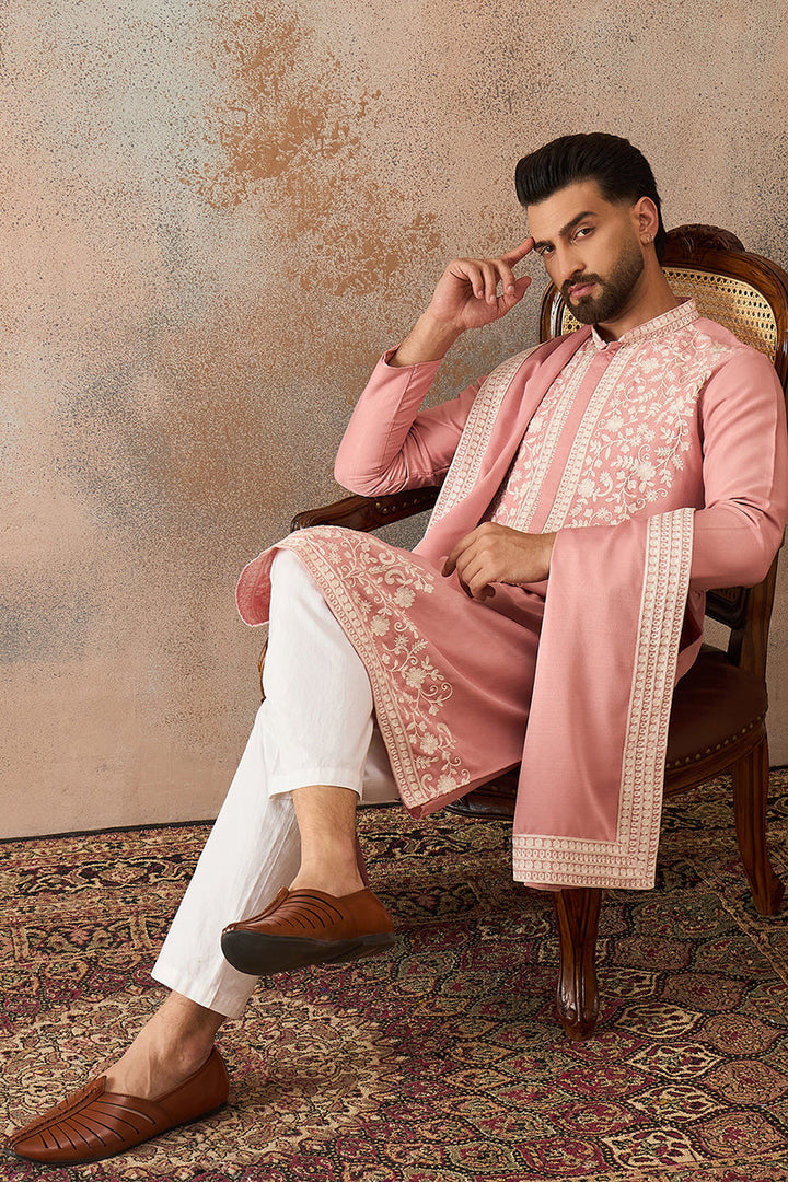Mens Peach Silk Blend Solid Embroidered Kurta With Dupatta