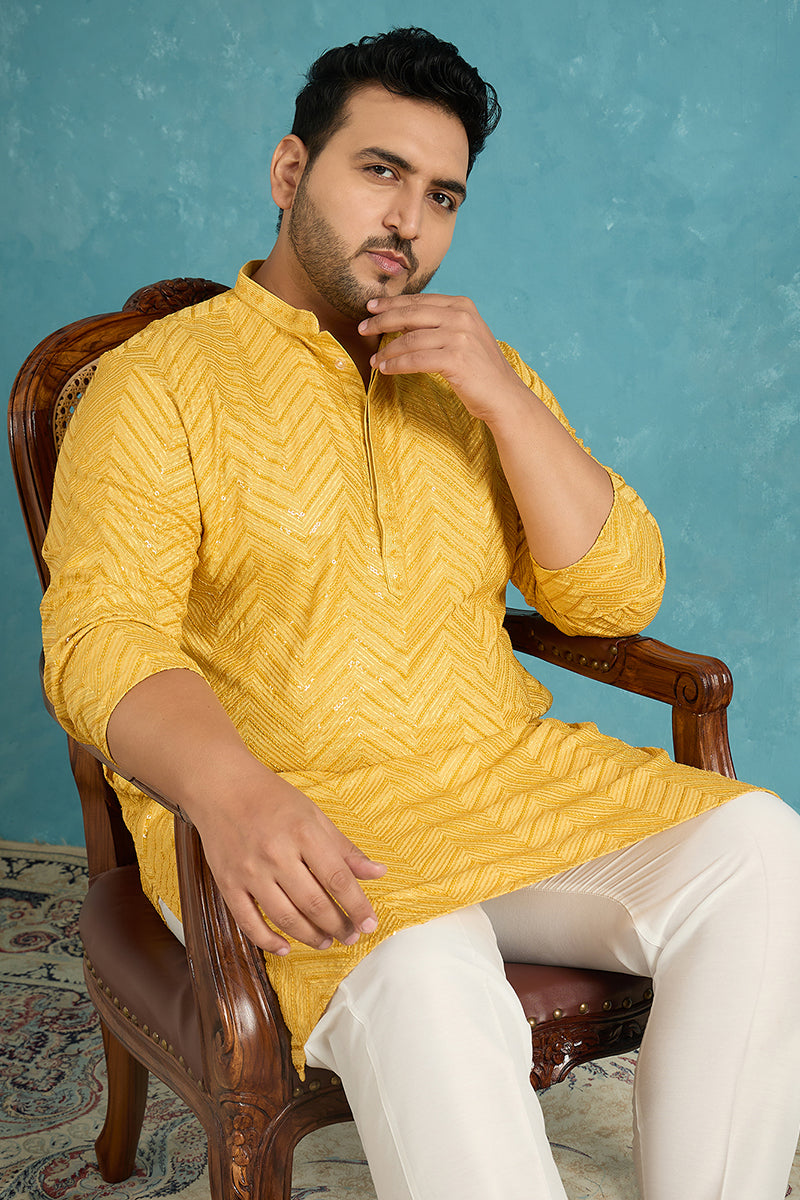 Mens Yellow Viscose Rayon Solid Thread Work Embroidered Kurta