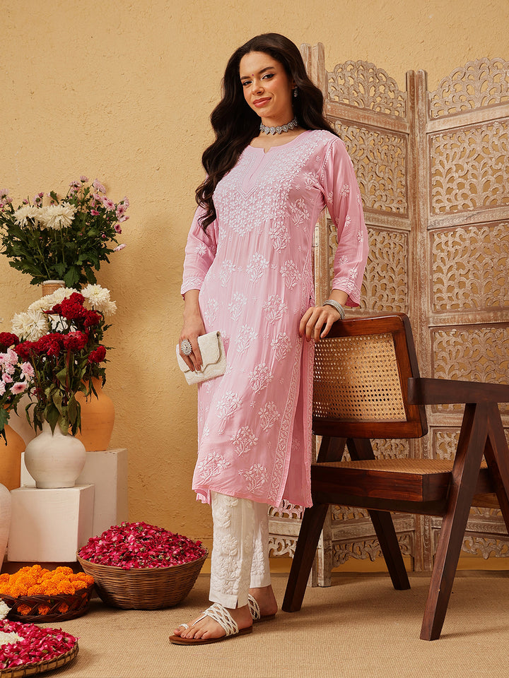Hand Embroidered Lucknowi Chikankari Pink &amp; White Modal Kurta