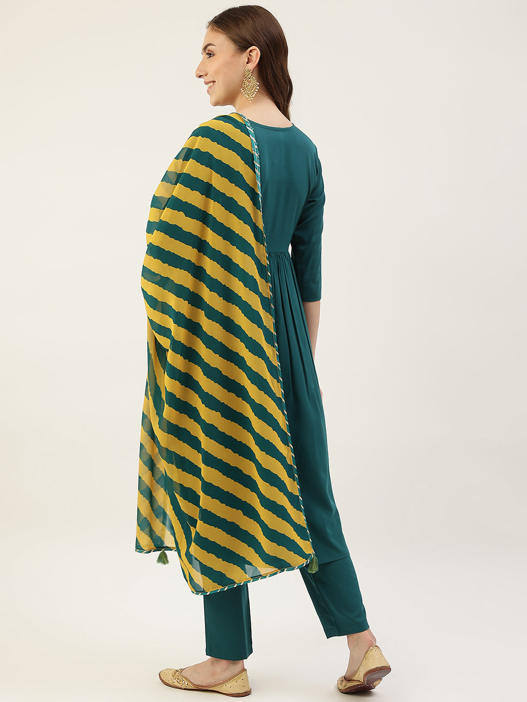 Teal-Green-Crepe-Gathered-Flared-3-Piece-Kurta-Set