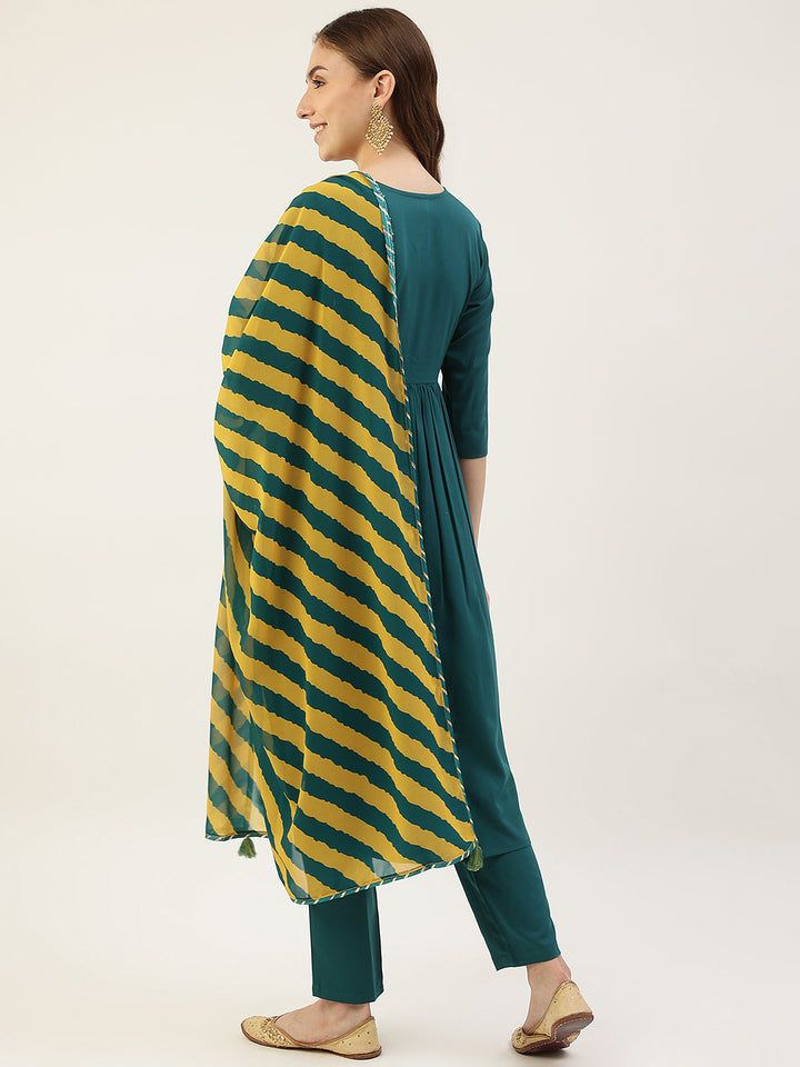 Teal-Green-Crepe-Gathered-Flared-3-Piece-Kurta-Set