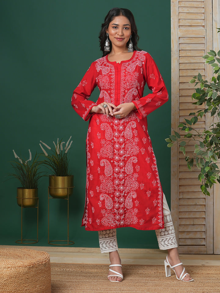 Hand Embroidered Lucknowi Chikankari Red &amp; White Cotton Kurta
