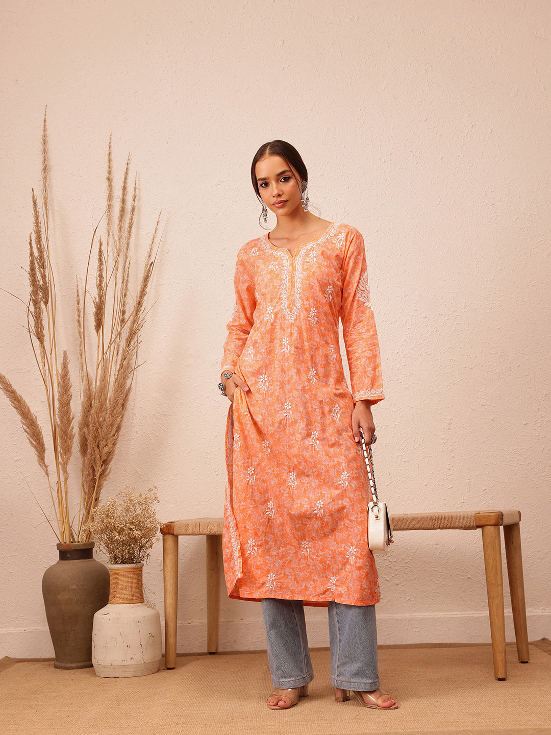 Peach Cotton Lucknow Chikankari Kurta