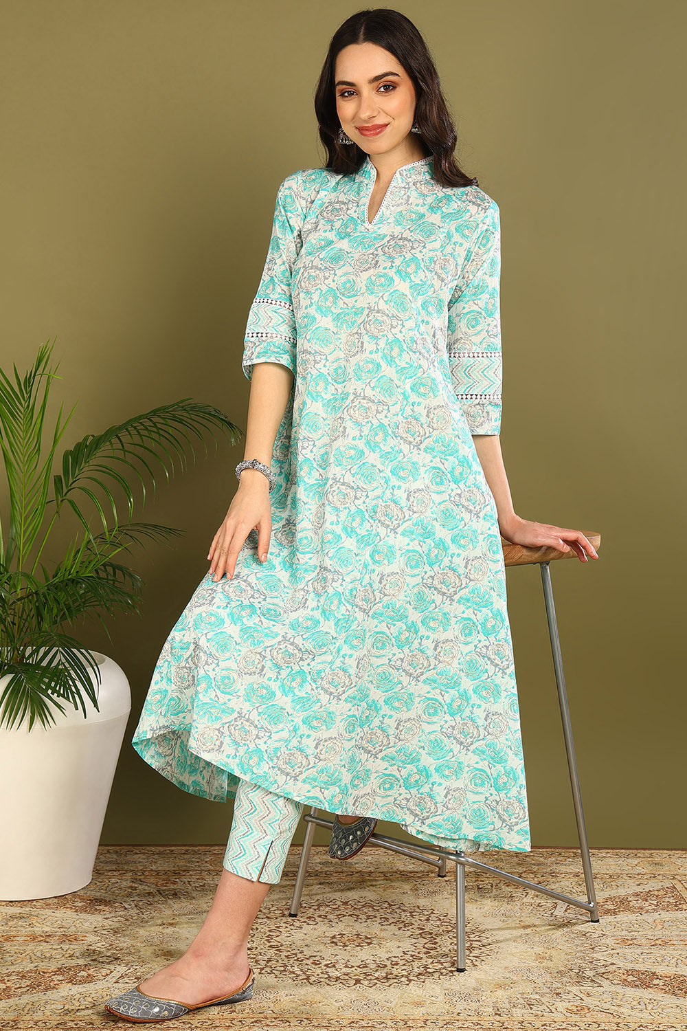 Green-Cotton-Printed-A-Line-Sanganeri-Kurta