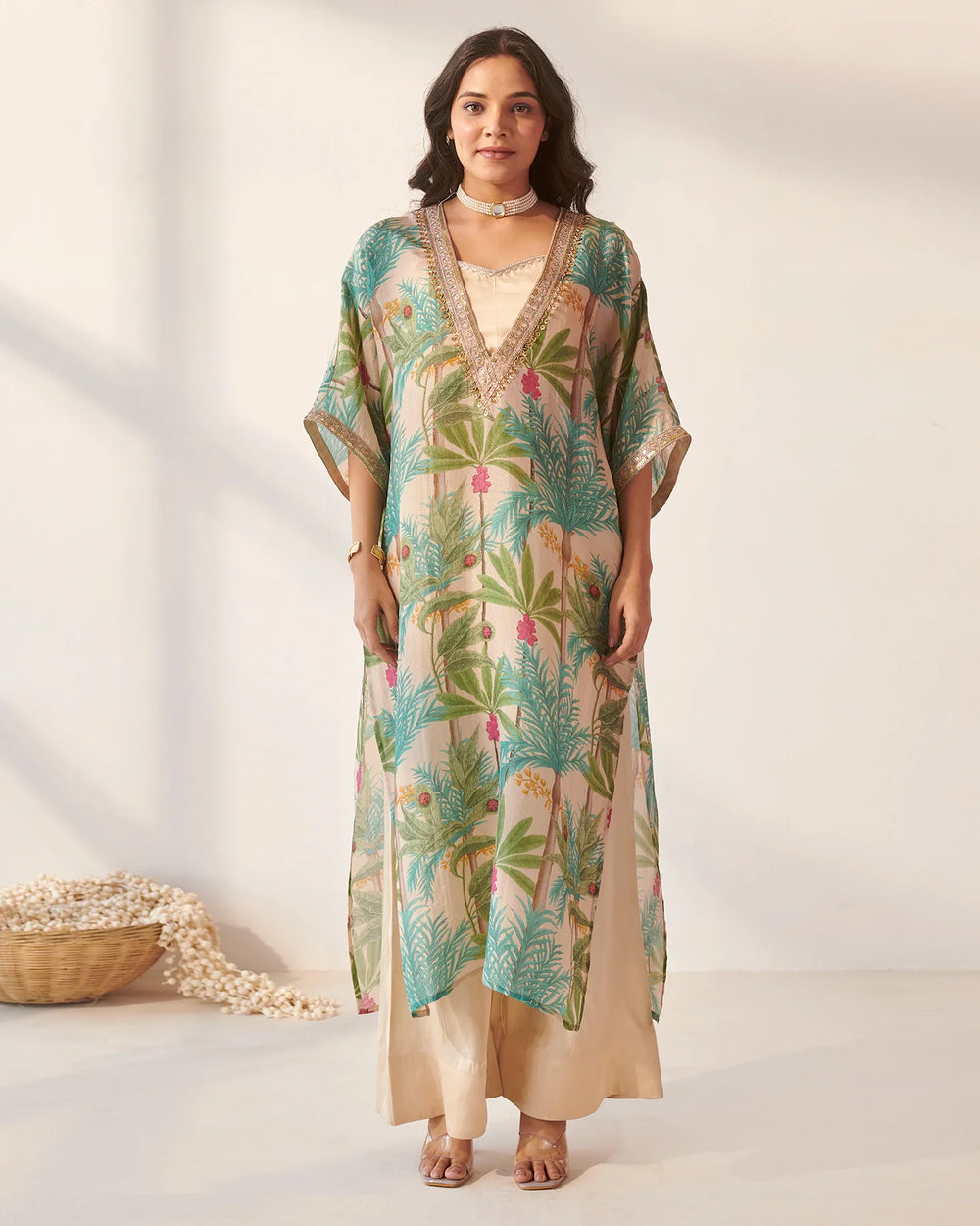 Cream-&-Multicolor-Tissue-Foliage-Print-Kaftan-Set