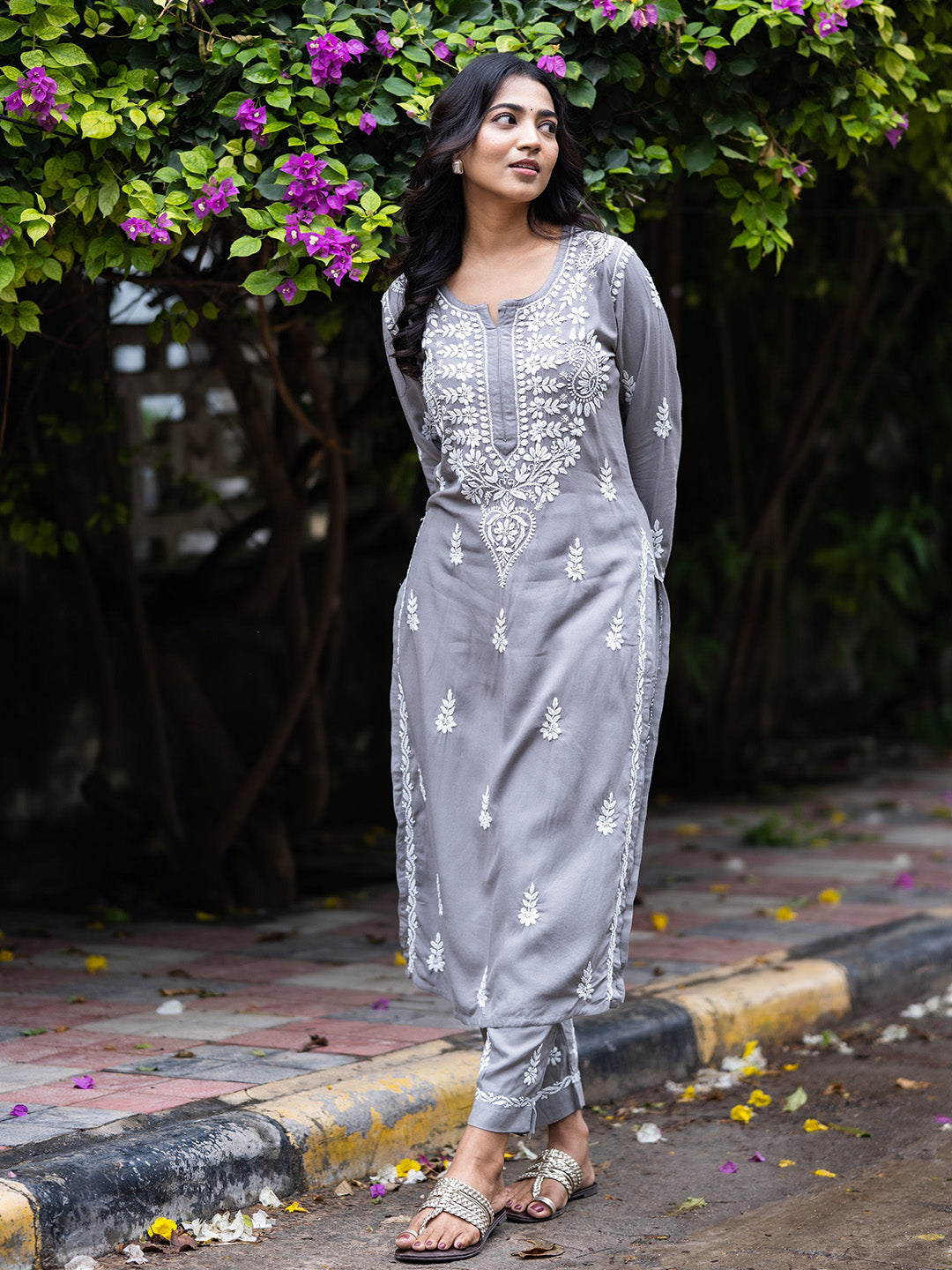 Grey Rayon Chikankari Motif 2-Piece Kurta Set