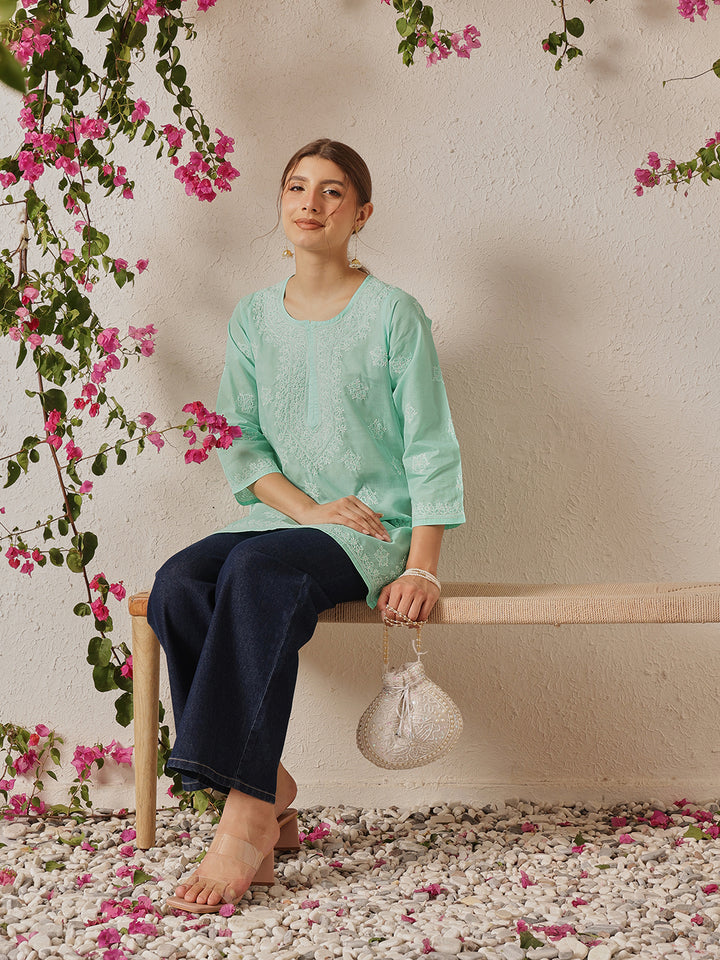 Sea Green Cotton Chikankari Tunic Kurti