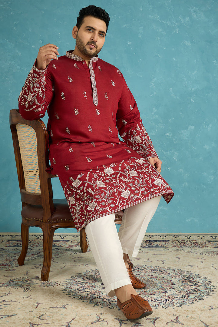 Mens Maroon Silk Blend Solid Thread Work Embroidered Kurta