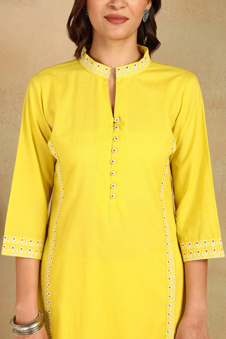 Yellow-Cotton-Embroidered-Short-Kurta