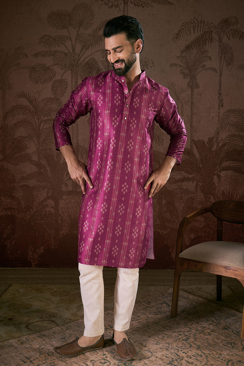 Mens Purple Silk Blend Floral Printed Straight Kurta