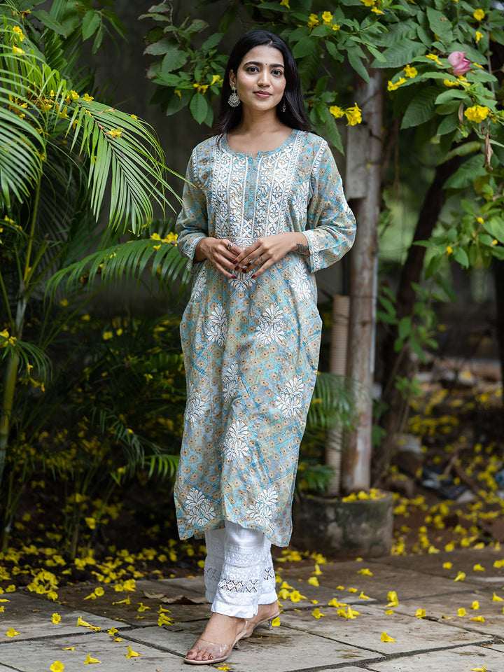 Sea Green & White Mulmul Cotton Embroidery Chikankari Kurta