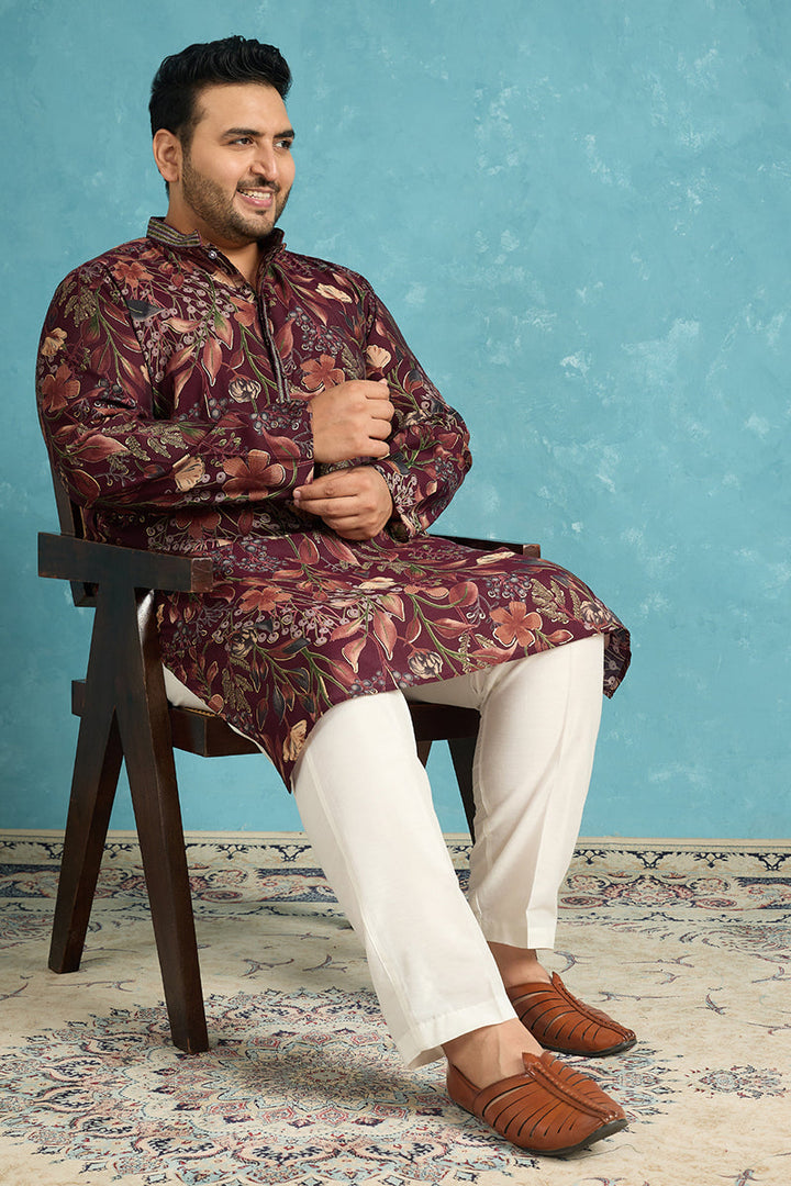 Mens Purple Silk Blend Floral Printed Kurta