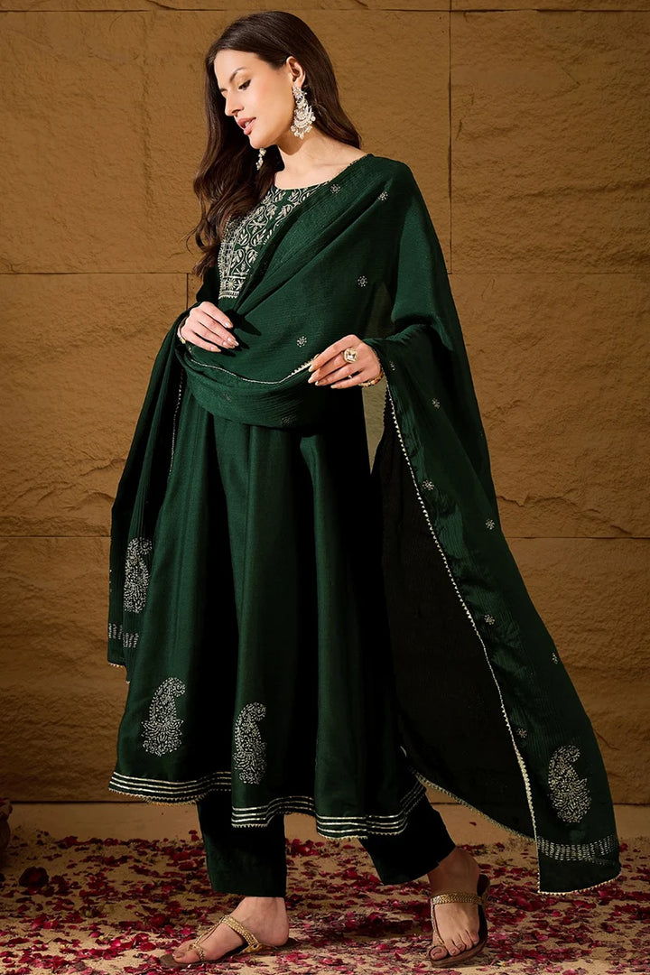 Green Silk Blend Embroidered Anarkali Suit Set