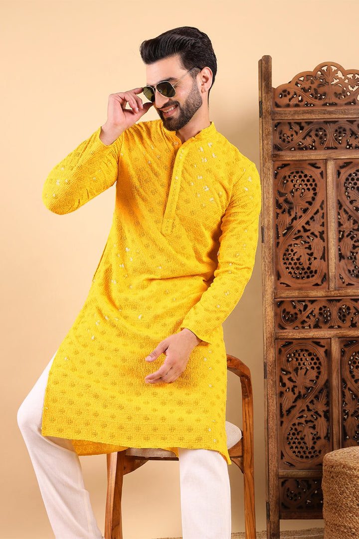 Mens Yellow Viscose Rayon Solid Embroidered Straight Kurta with Trousers
