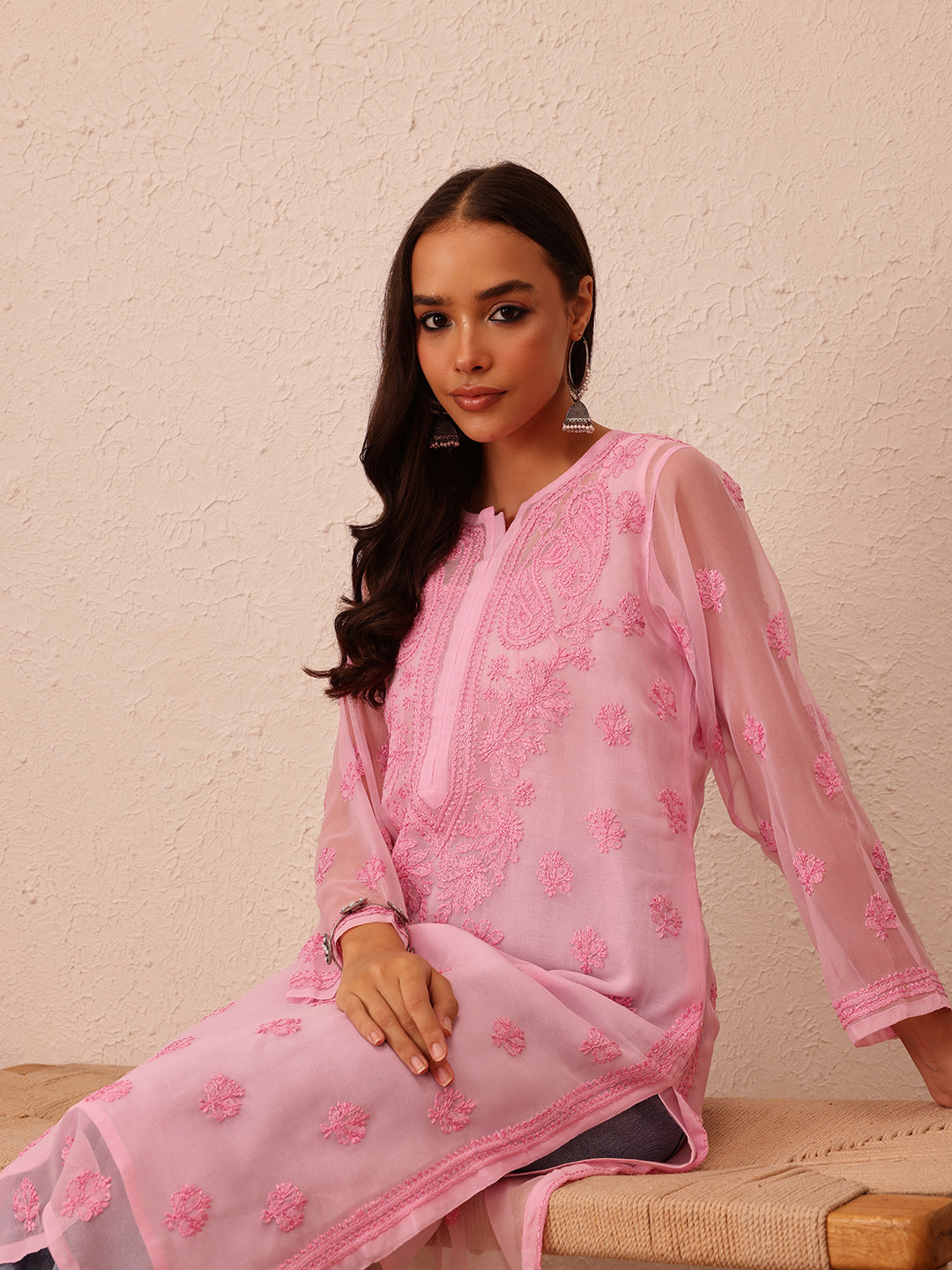 Embroidered Pink Chikankari Kurta With Slip