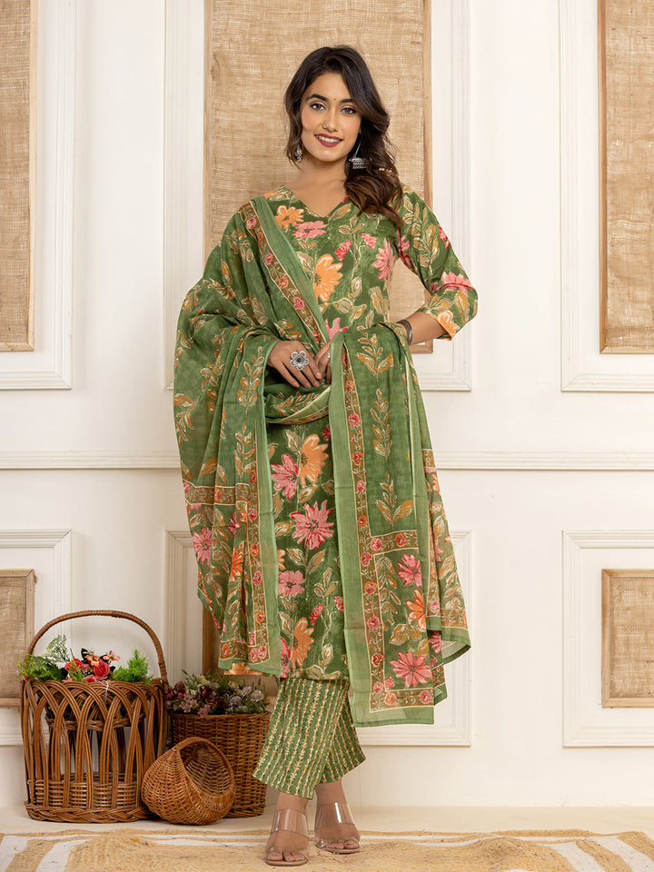 Green-Cotton-Floral-Printed-3-Piece-Kurta-Set