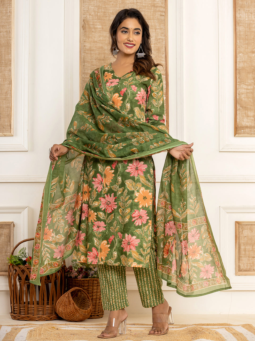 Green-Cotton-Floral-Printed-3-Piece-Kurta-Set