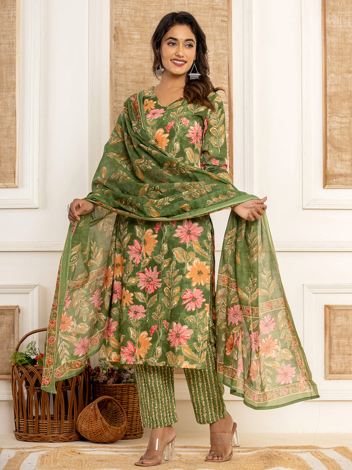 Green-Cotton-Floral-Printed-3-Piece-Kurta-Set