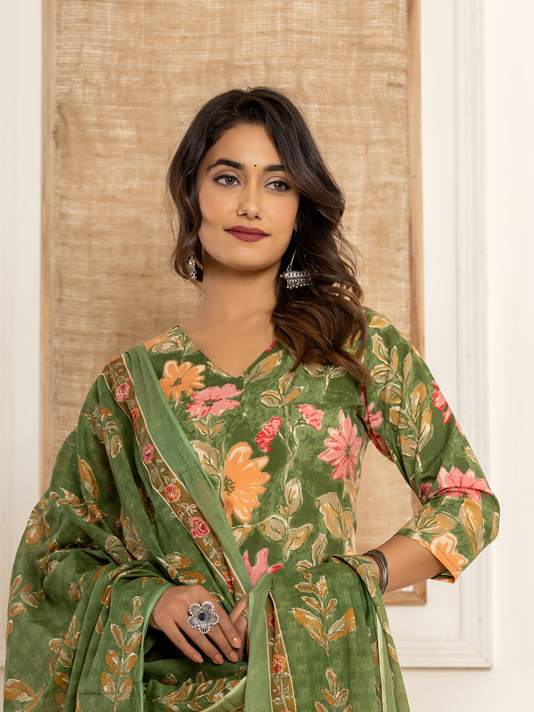 Green-Cotton-Floral-Printed-3-Piece-Kurta-Set