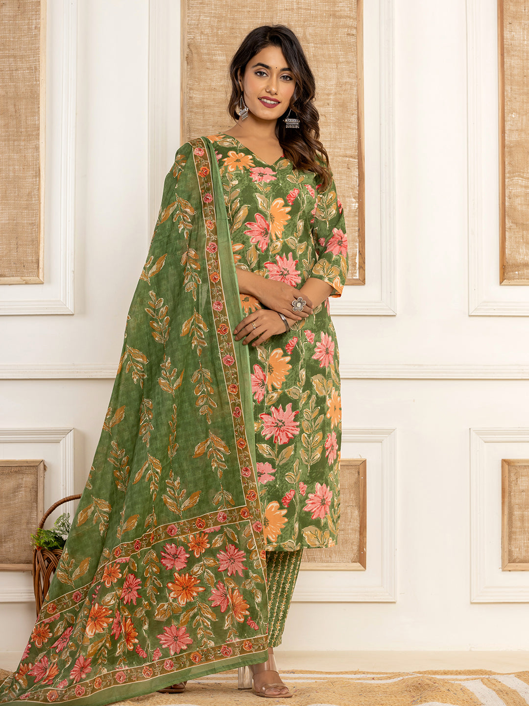 Green-Cotton-Floral-Printed-3-Piece-Kurta-Set