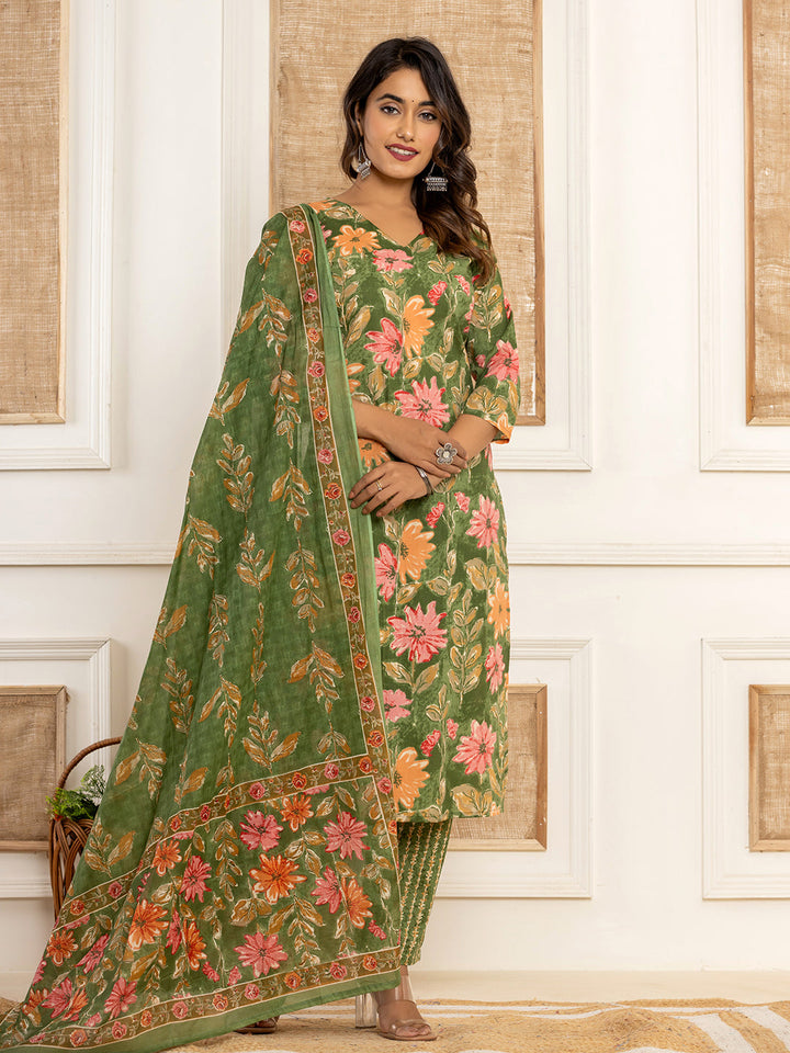 Green-Cotton-Floral-Printed-3-Piece-Kurta-Set