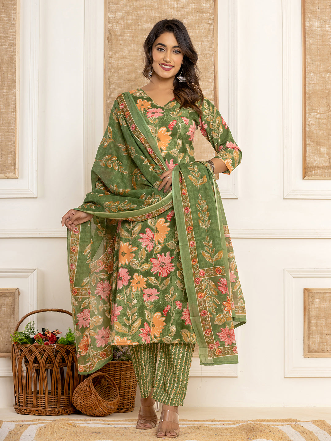 Green-Cotton-Floral-Printed-3-Piece-Kurta-Set