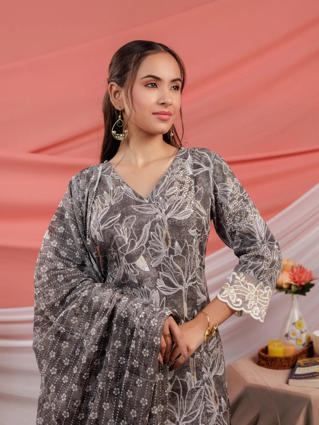 Grey-Cotton-Floral-Print-Straight-3-Piece-Kurta-Set