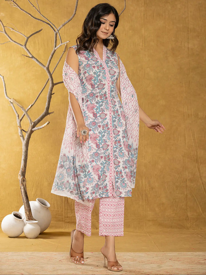 White-Cotton-Floral-Printed-3-Piece-Kurta-Set