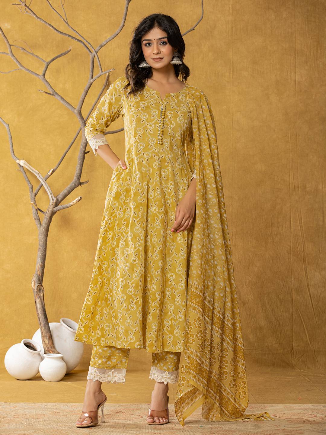 Mustard-Cotton-Lace-Work-Anarkali-Set