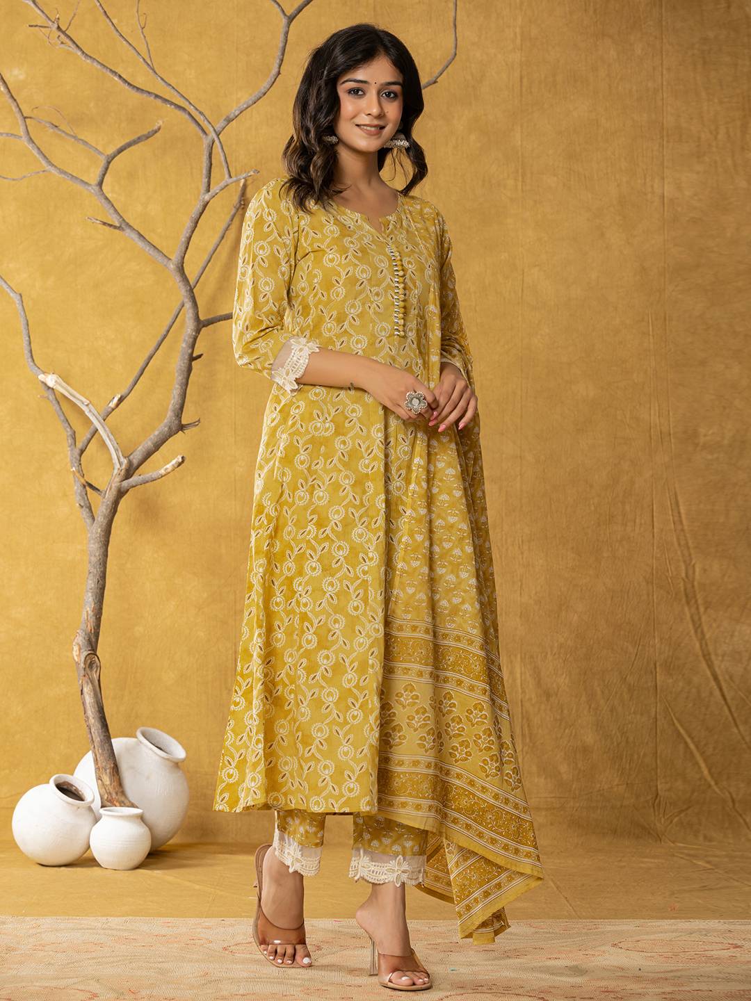 Mustard-Cotton-Lace-Work-Anarkali-Set