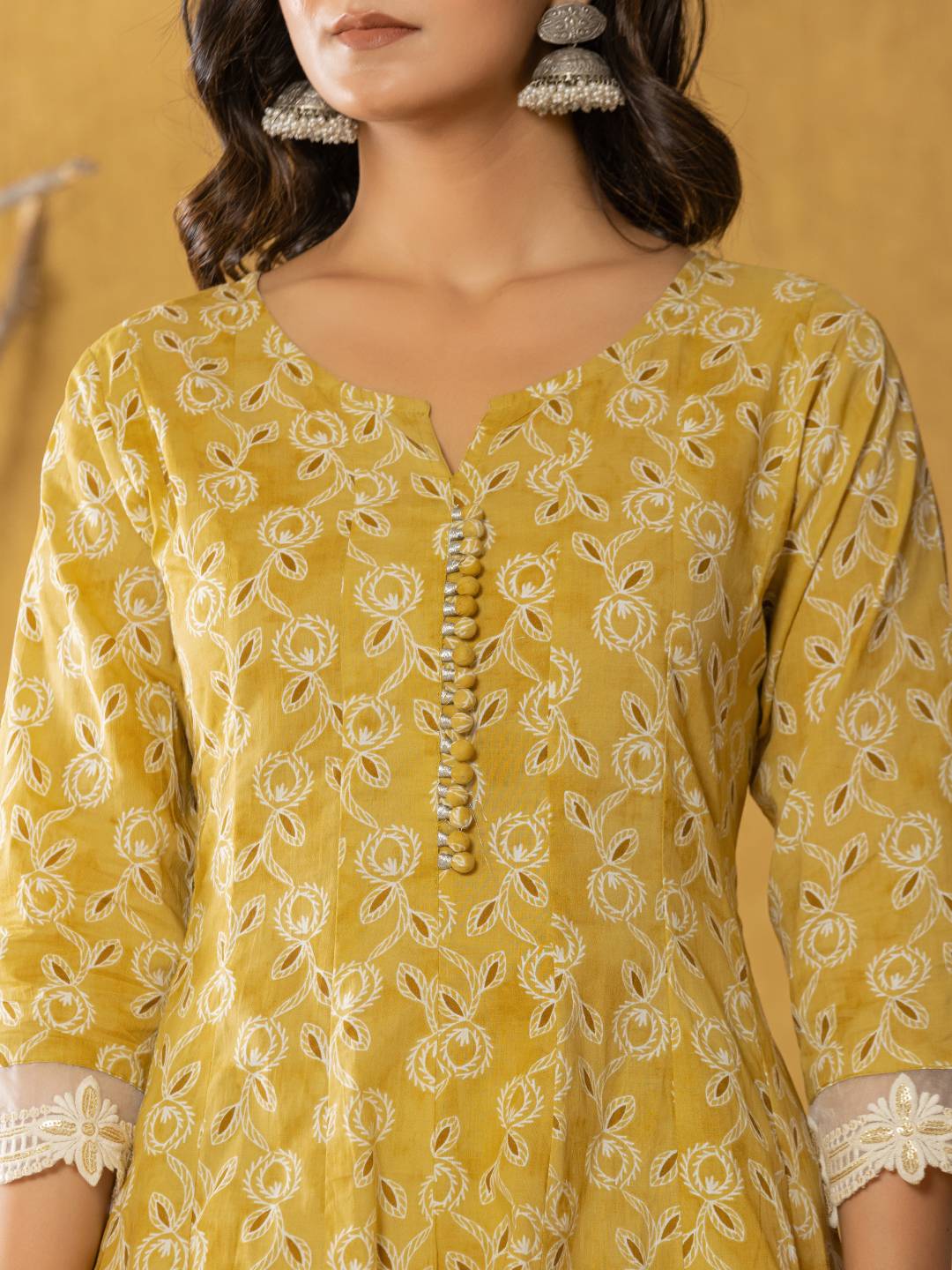 Mustard-Cotton-Lace-Work-Anarkali-Set