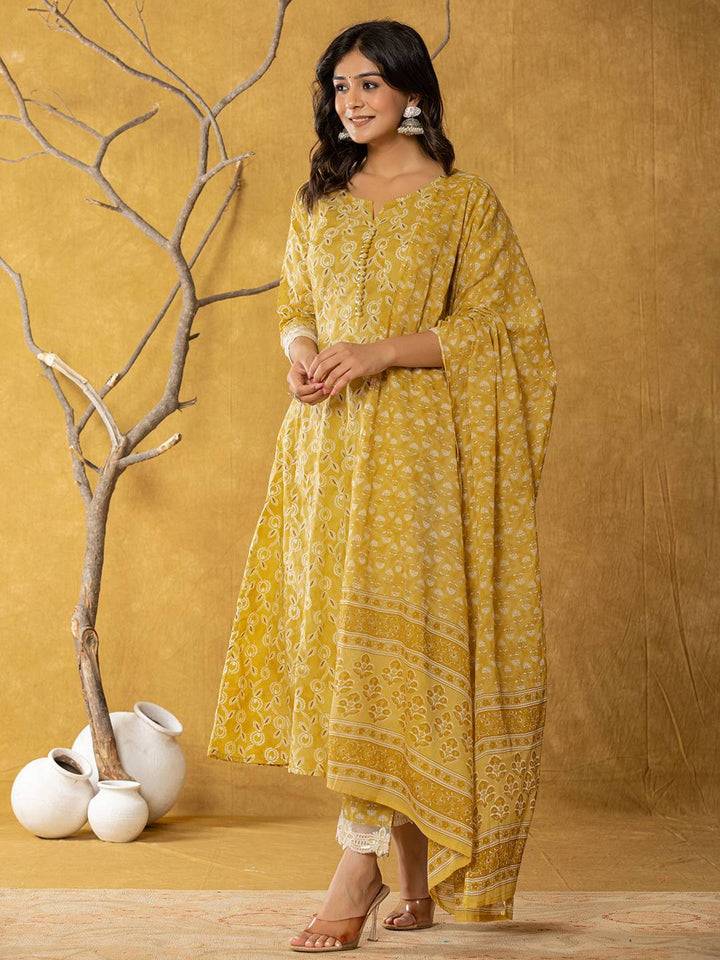 Mustard-Cotton-Lace-Work-Anarkali-Set