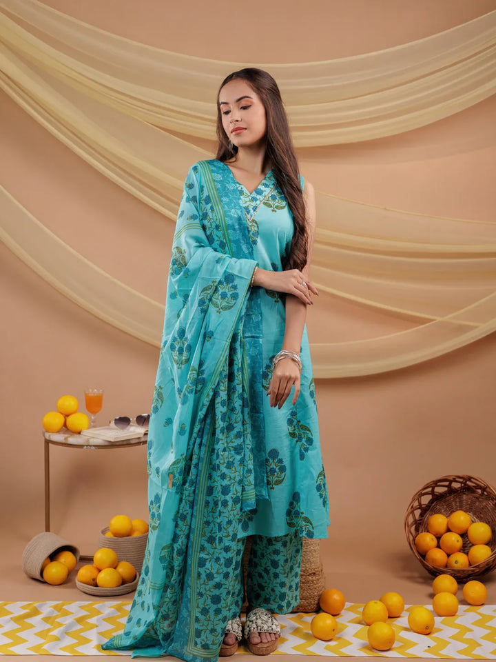 Blue-Pure-Cotton-Floral-Print-A-Line-3-Piece-Kurta-Set