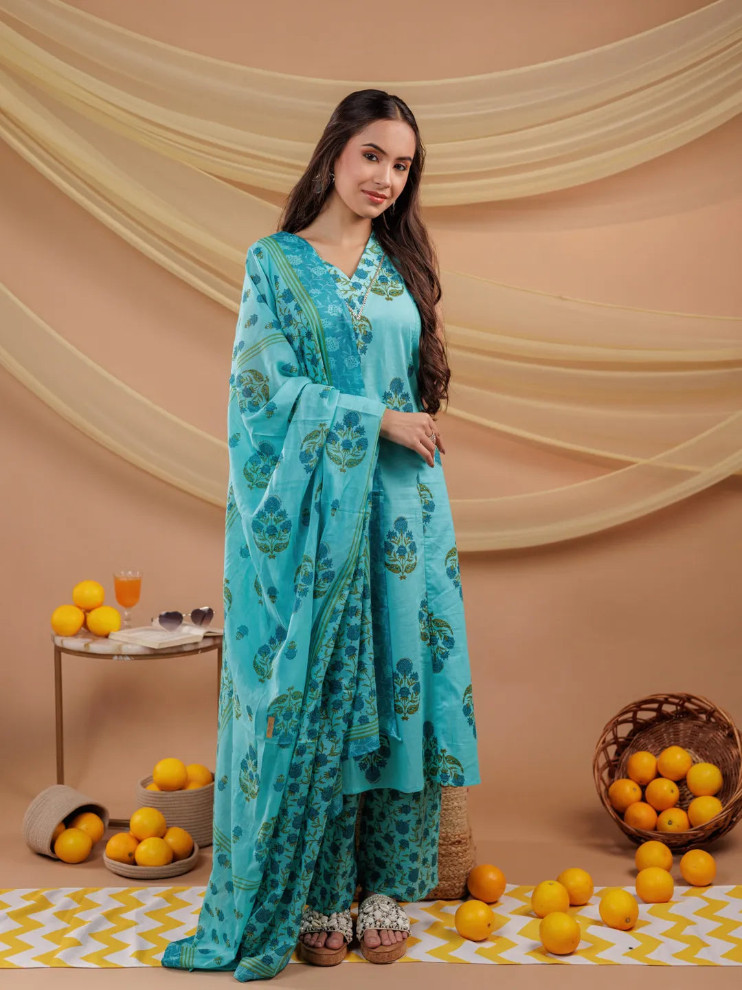 Blue-Pure-Cotton-Floral-Print-A-Line-3-Piece-Kurta-Set