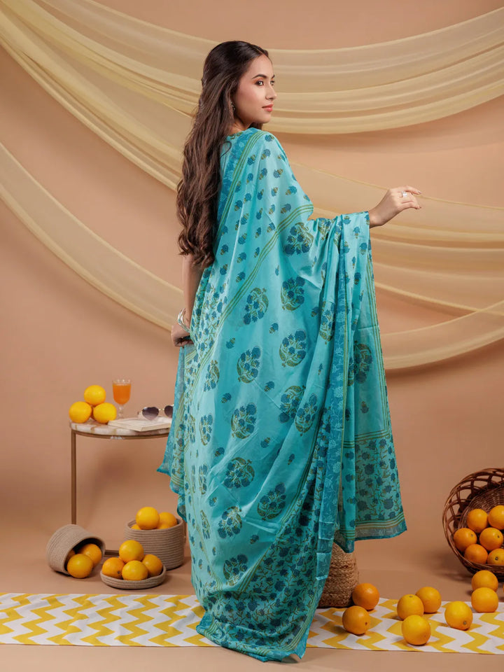 Blue-Pure-Cotton-Floral-Print-A-Line-3-Piece-Kurta-Set