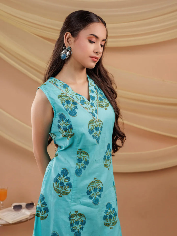 Blue-Pure-Cotton-Floral-Print-A-Line-3-Piece-Kurta-Set