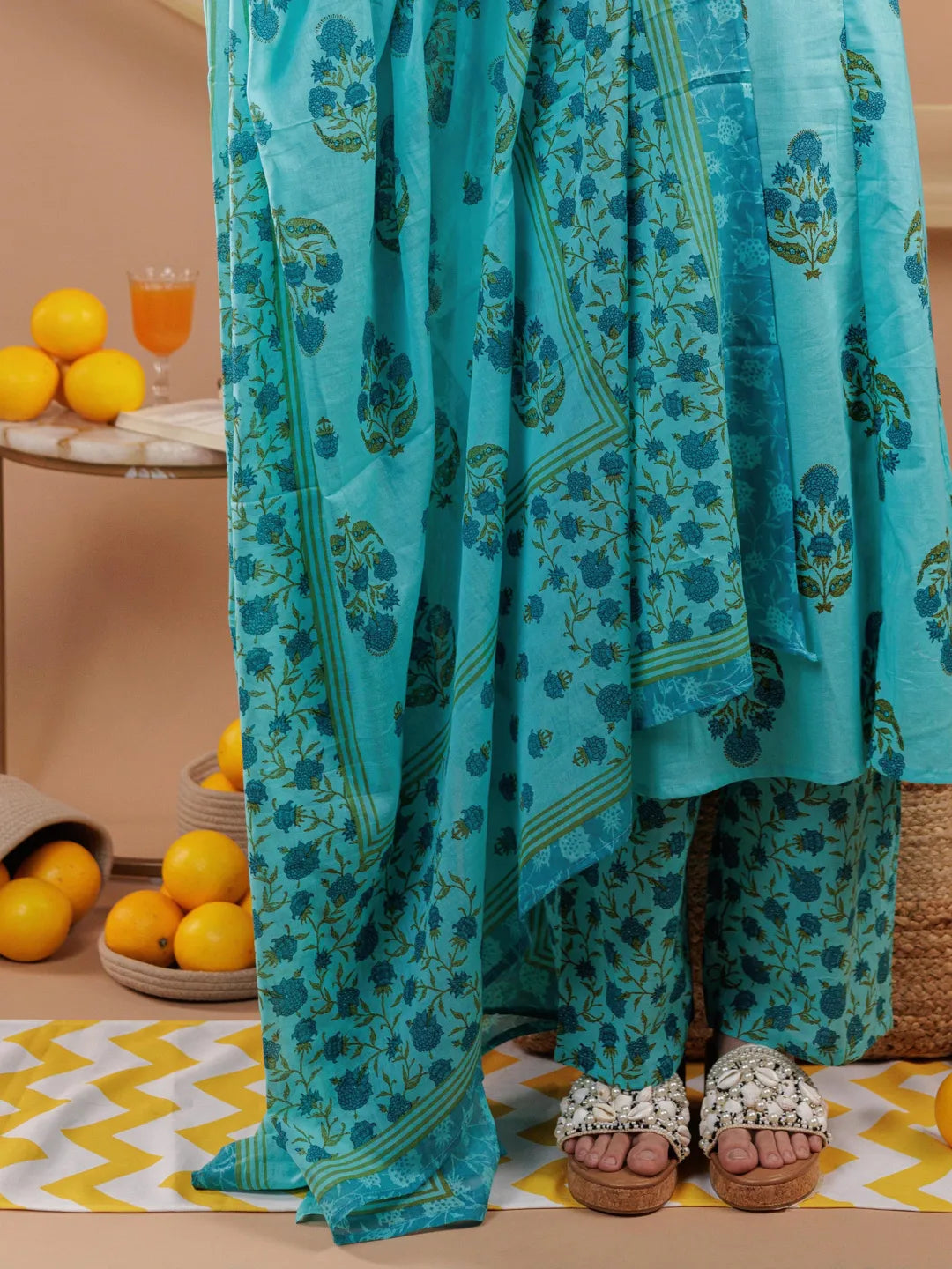 Blue-Pure-Cotton-Floral-Print-A-Line-3-Piece-Kurta-Set