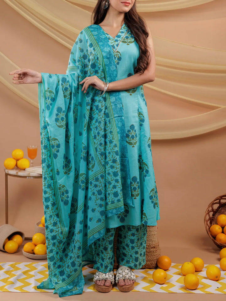 Blue-Pure-Cotton-Floral-Print-A-Line-3-Piece-Kurta-Set