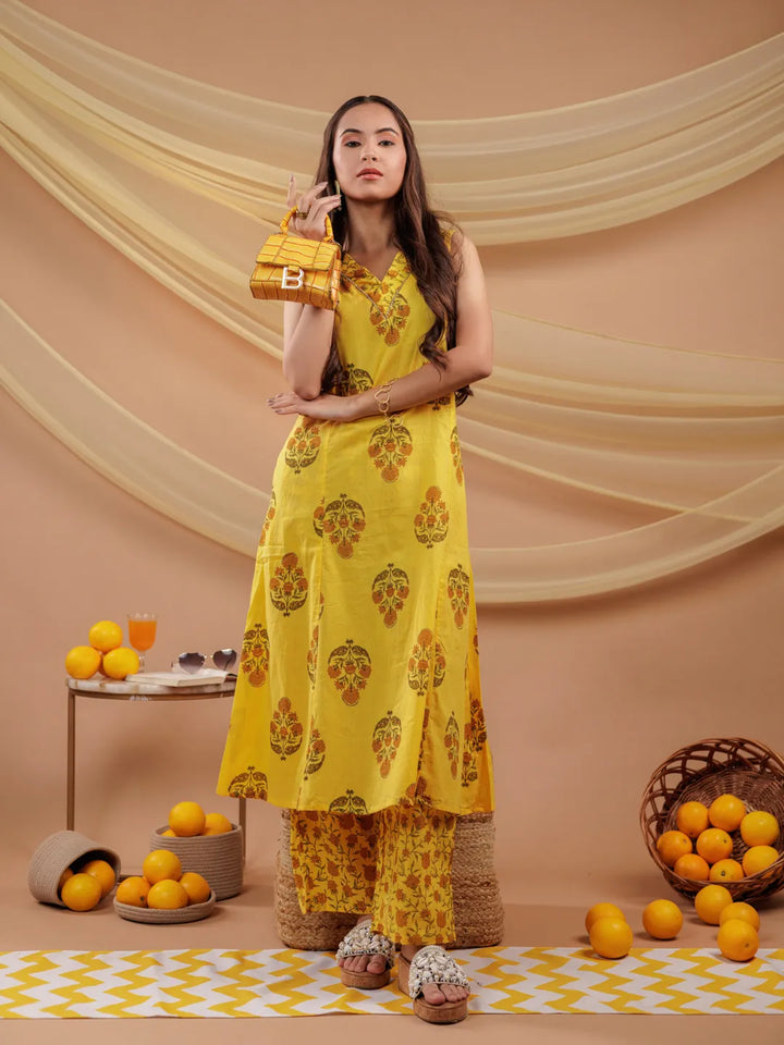 Mustard-Pure-Cotton-Floral-Print-A-Line-3-Piece-Kurta-Set