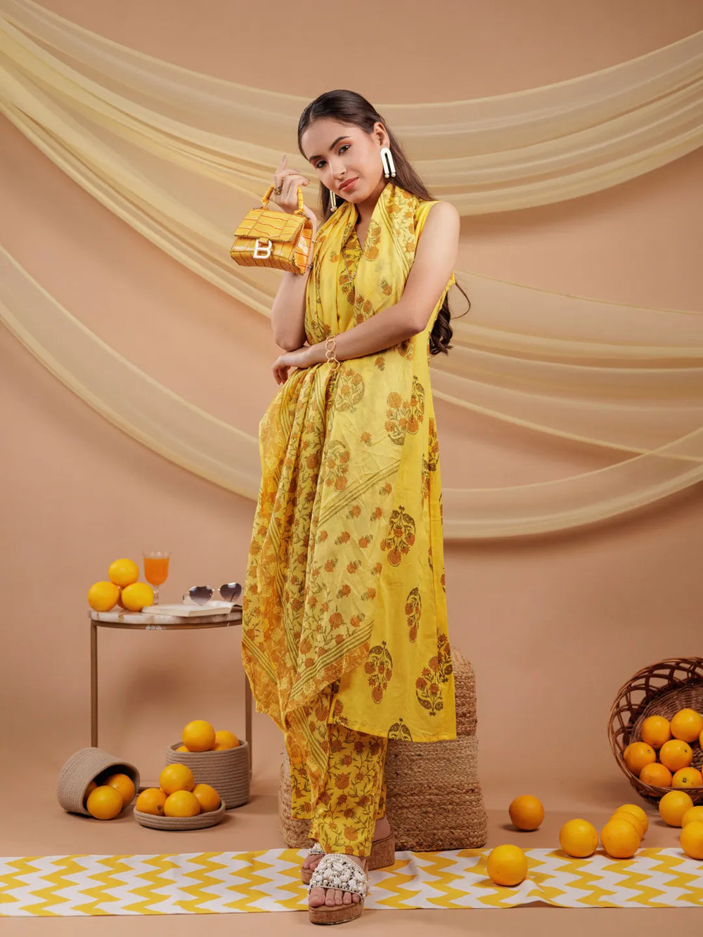 Mustard-Pure-Cotton-Floral-Print-A-Line-3-Piece-Kurta-Set