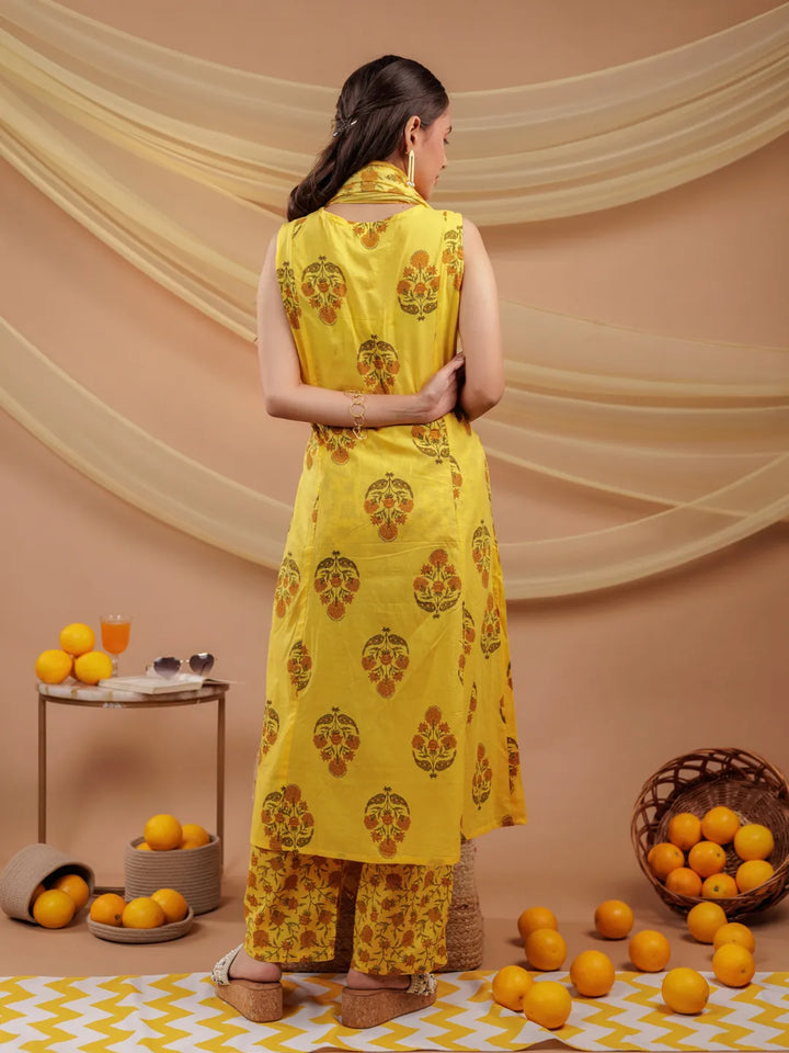 Mustard-Pure-Cotton-Floral-Print-A-Line-3-Piece-Kurta-Set