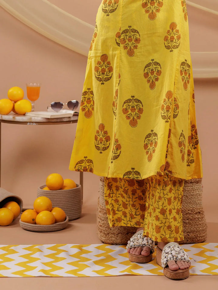 Mustard-Pure-Cotton-Floral-Print-A-Line-3-Piece-Kurta-Set