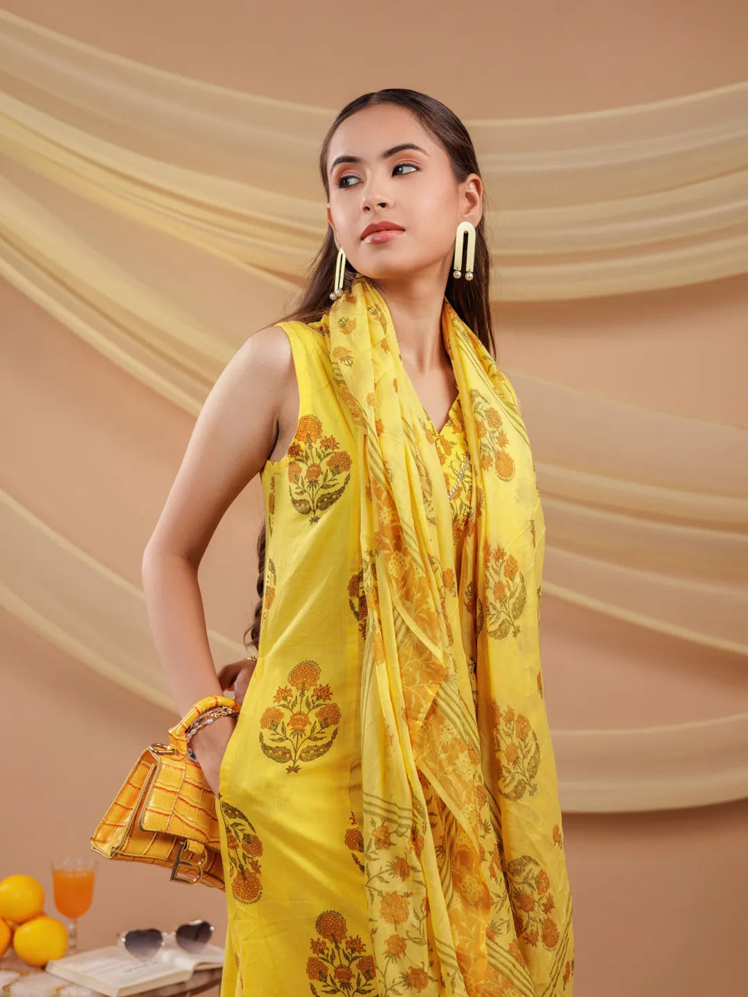 Mustard-Pure-Cotton-Floral-Print-A-Line-3-Piece-Kurta-Set