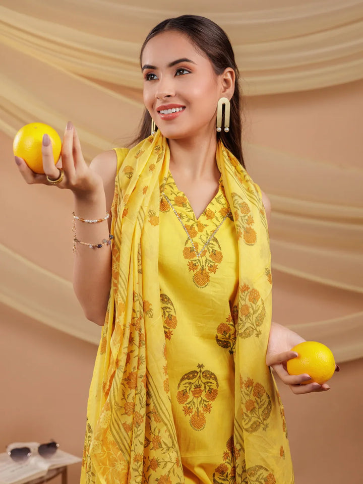 Mustard-Pure-Cotton-Floral-Print-A-Line-3-Piece-Kurta-Set