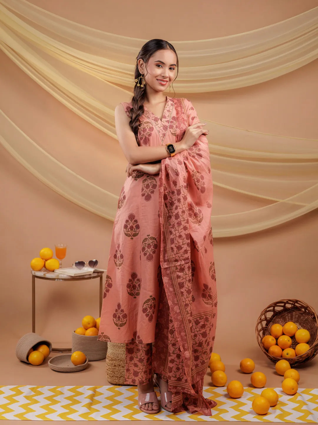 Peach-Pure-Cotton-Floral-Print-A-Line-3-Piece-Kurta-Set