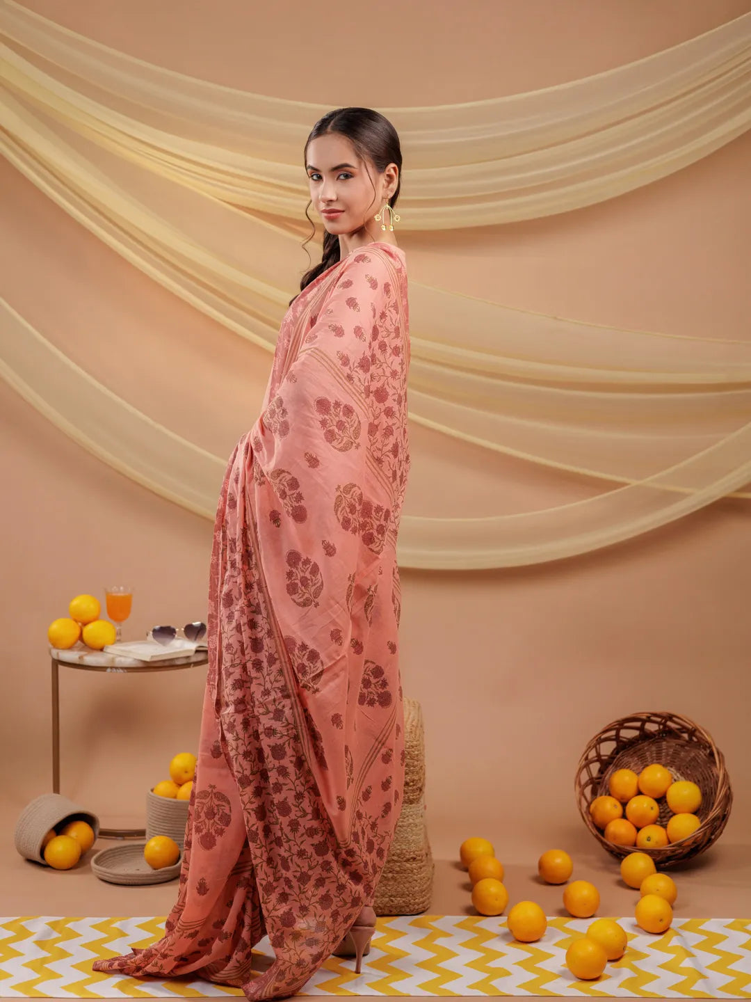 Peach-Pure-Cotton-Floral-Print-A-Line-3-Piece-Kurta-Set