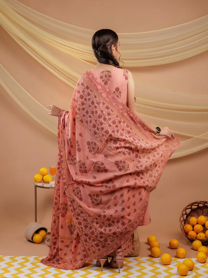 Peach-Pure-Cotton-Floral-Print-A-Line-3-Piece-Kurta-Set