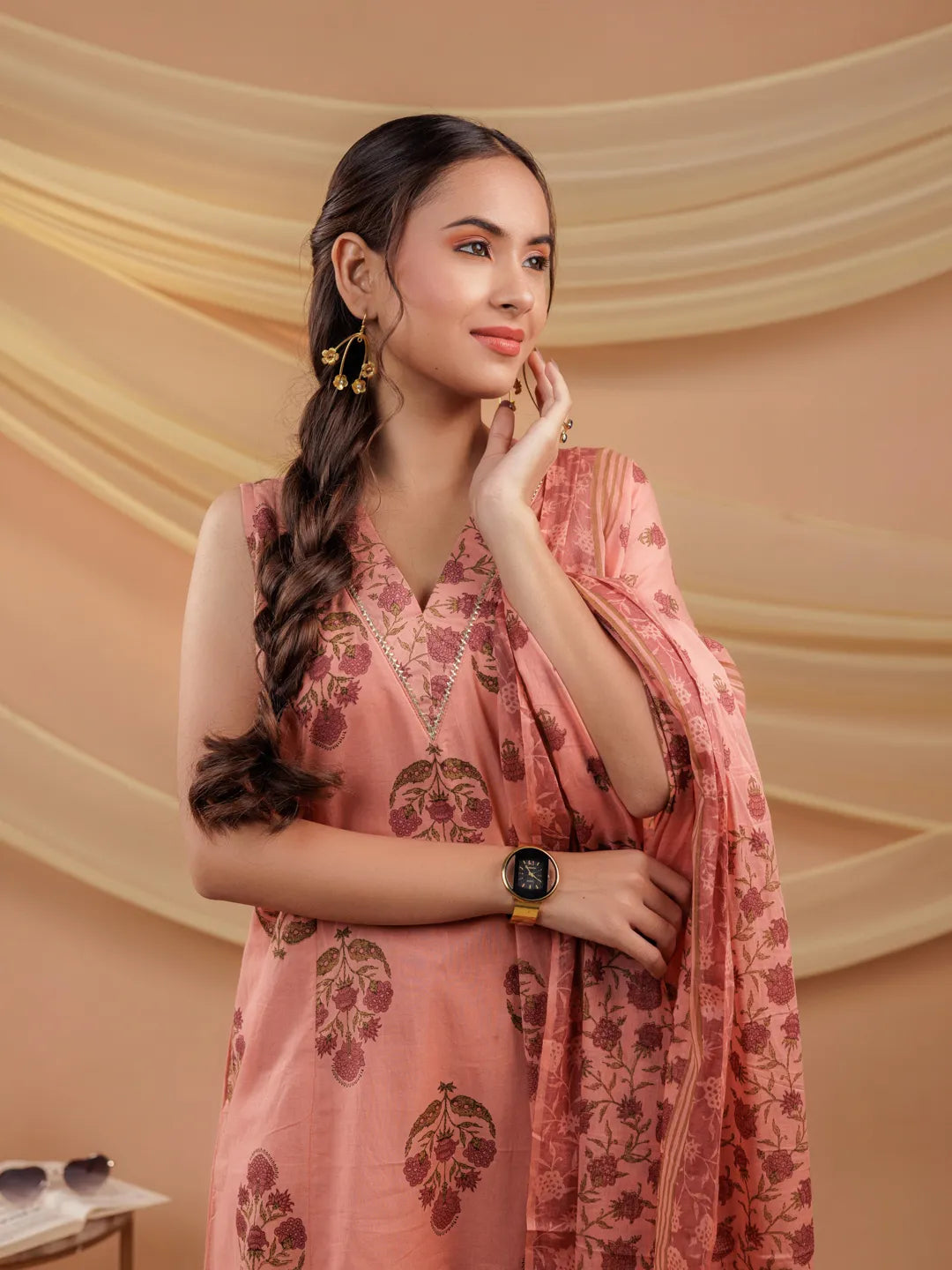 Peach-Pure-Cotton-Floral-Print-A-Line-3-Piece-Kurta-Set